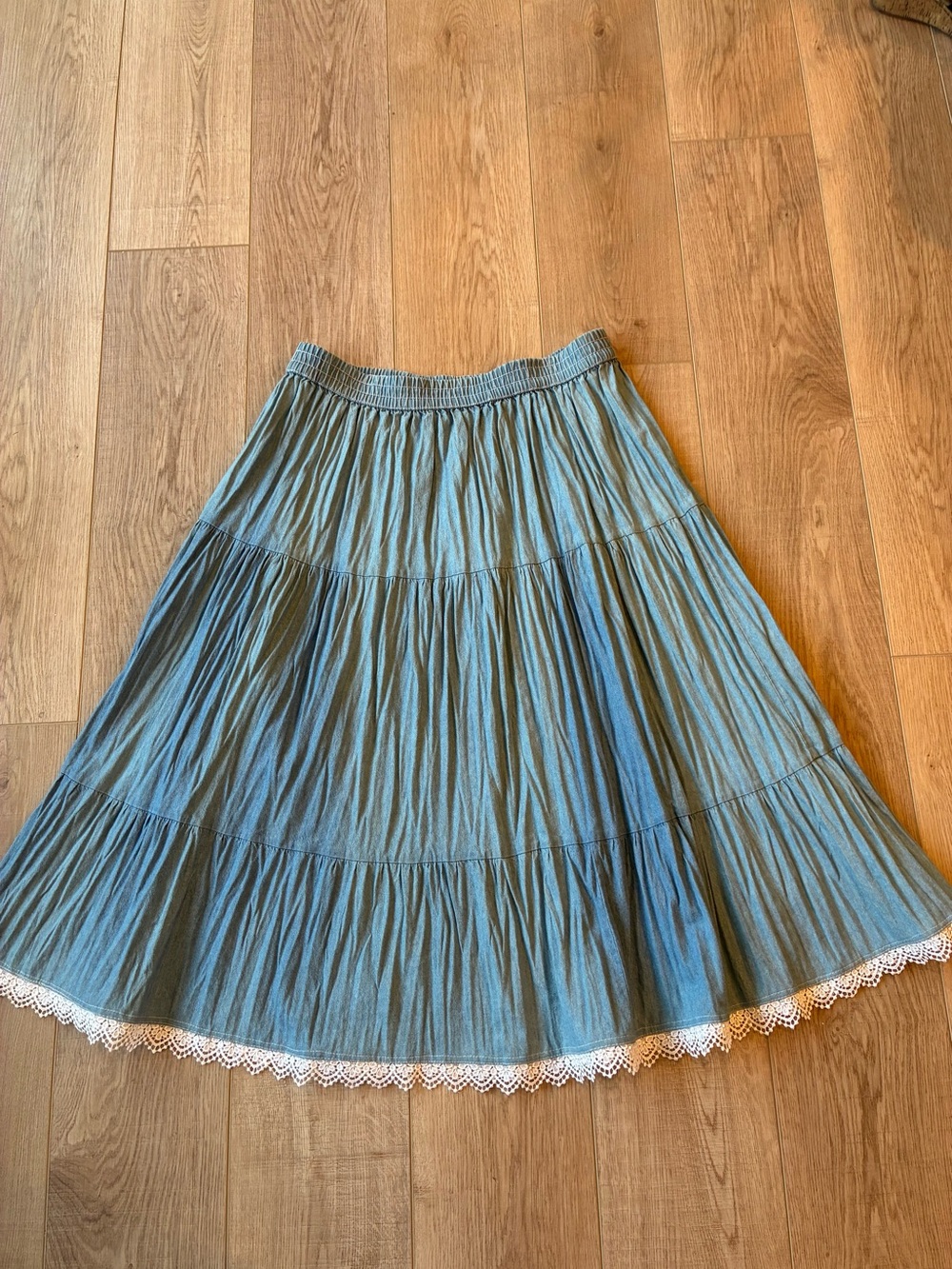 Vintage 90s prairie maxi skirt light blue cotton lace trim tiered by Rythm Blues